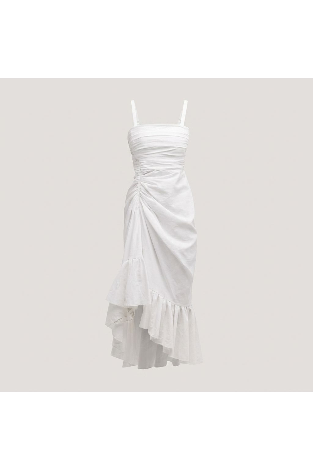 Ruched Asymmetric Ruffle Dress | White