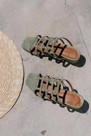 BY FAR Grid Green Suede Sandals