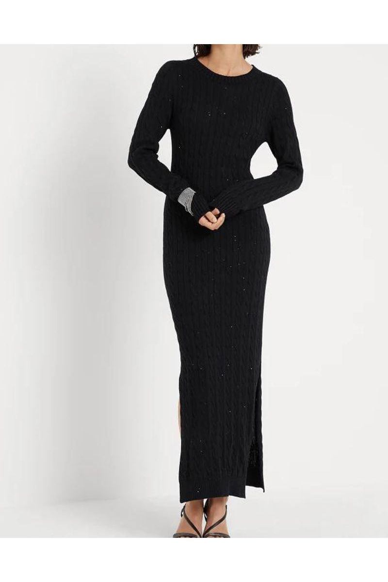black knit maxi dress Women's Cotton Cable – Eclipse Sample Sales Undone elegance