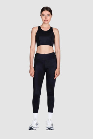 Person wearing a black athletic outfit on a white background