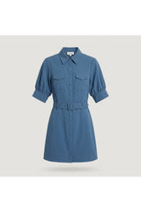 Belted Puff Sleeve Shirt Dress | Blue