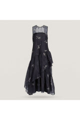 Embroidered Ruffle Midi Dress | Black
