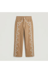 Embroidered Straight Leg Pant | Brown