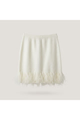 Feather Trim Knit Mini Skirt | White