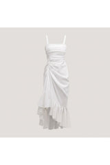 Ruched Asymmetric Ruffle Dress | White