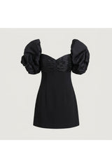Ruched Puff Sleeve Dress | Black
