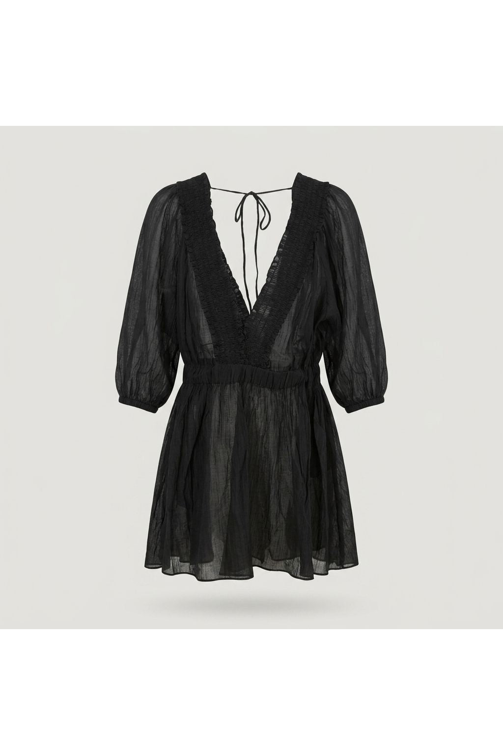 Sheer Smocked V-Neck Blouse | Black