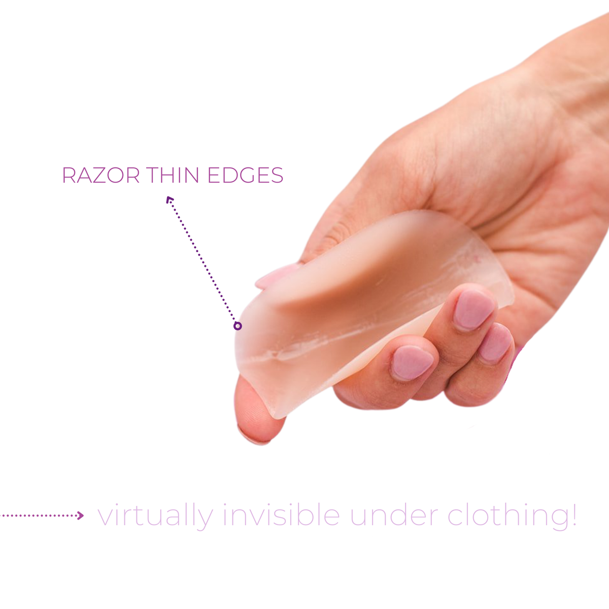 Product shot of hand holding our flexible and sticky Light tint Headlight Hider showing the razor thin edge,  explaining the Headlight Hiders are invisible underneath clothing because of the thin edge 