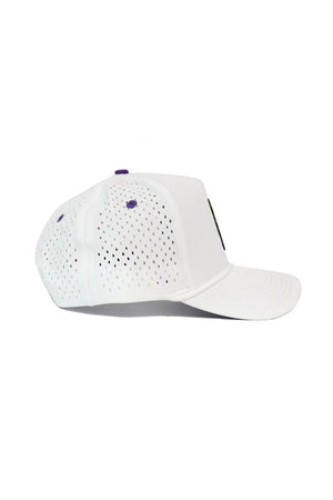 The No Rivals ECU Gameday Hat is a white baseball cap with a curved brim, perforated side and back panels for ventilation, and a snapback closure, shown in side view on a plain white background.