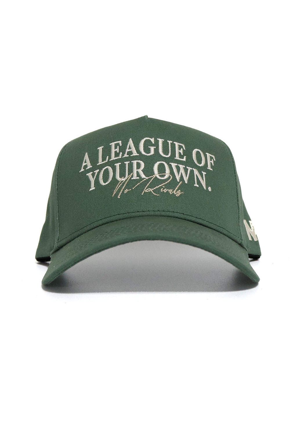 The No Rivals "ALOYO Hat - No Rivals Collection" is a green, high-quality cotton baseball cap with "A LEAGUE OF YOUR OWN." and signature in white on the front, side white lettering, and an adjustable snap back for one size fits all.