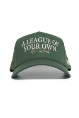 The No Rivals "ALOYO Hat - No Rivals Collection" is a green, high-quality cotton baseball cap with "A LEAGUE OF YOUR OWN." and signature in white on the front, side white lettering, and an adjustable snap back for one size fits all.