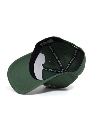 The ALOYO Hat from the No Rivals Collection by No Rivals is shown upside down, displaying a black inner band with “NO RIVALS” in white and a snap back closure for a comfortable, one-size-fits-all fit.