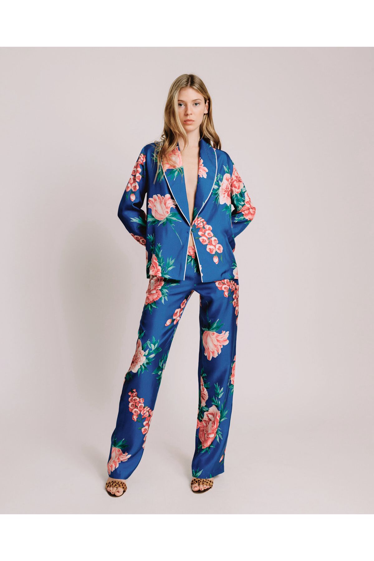 Adriana Iglesias Emery Electric Blue & Coral Floral Silk Pants