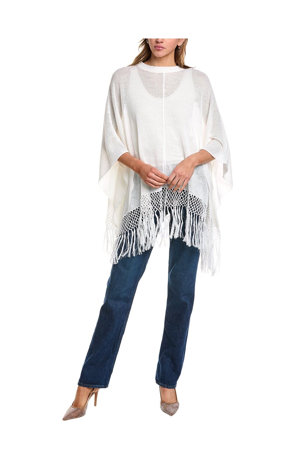 Women's White Linen Silk Poncho Sweater