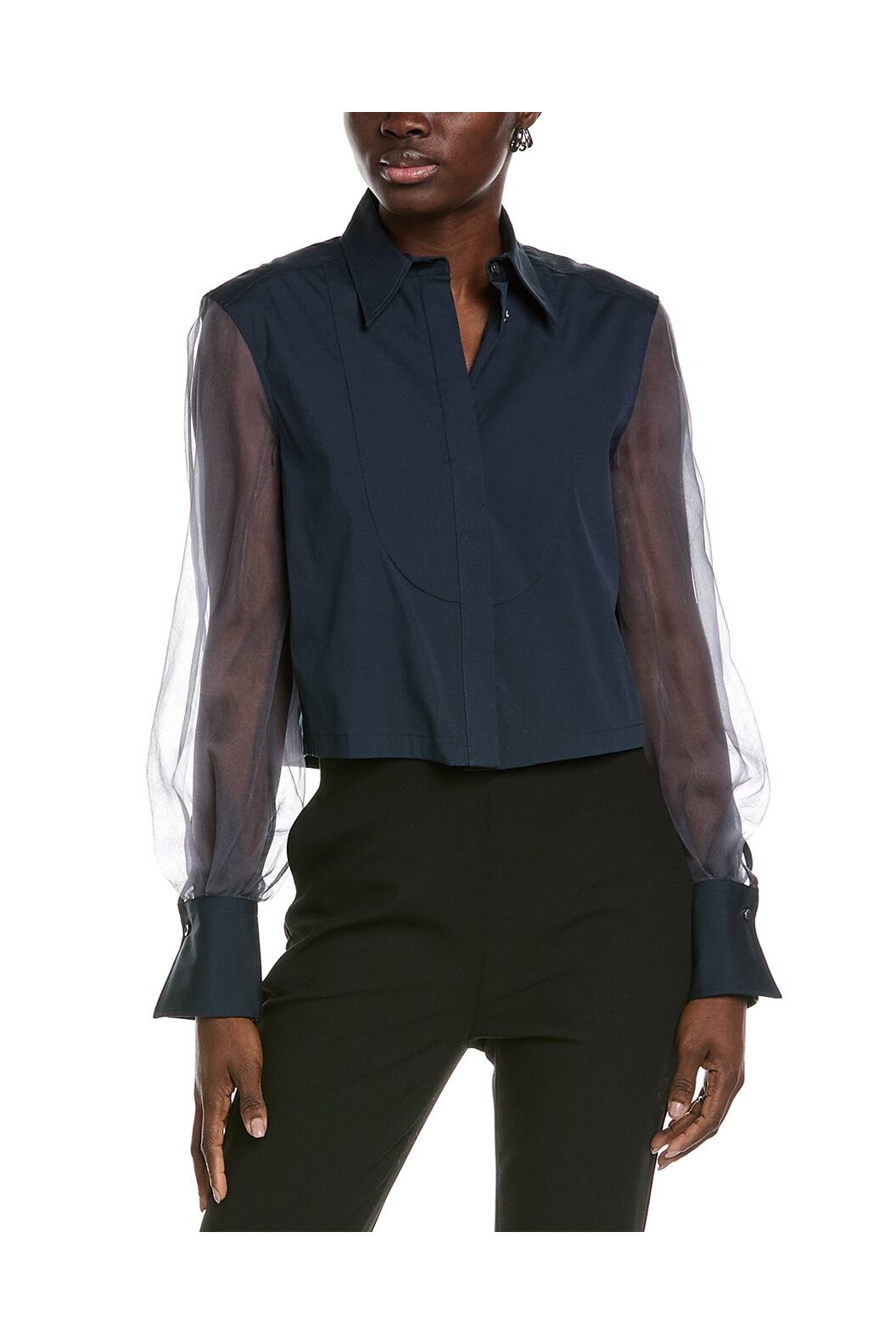 Women's Navy Shirt With Sheer Sleeves