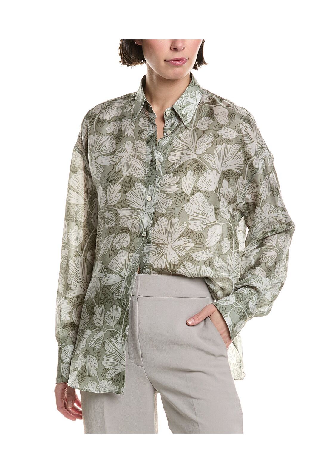Women's Green Silk Floral Shirt