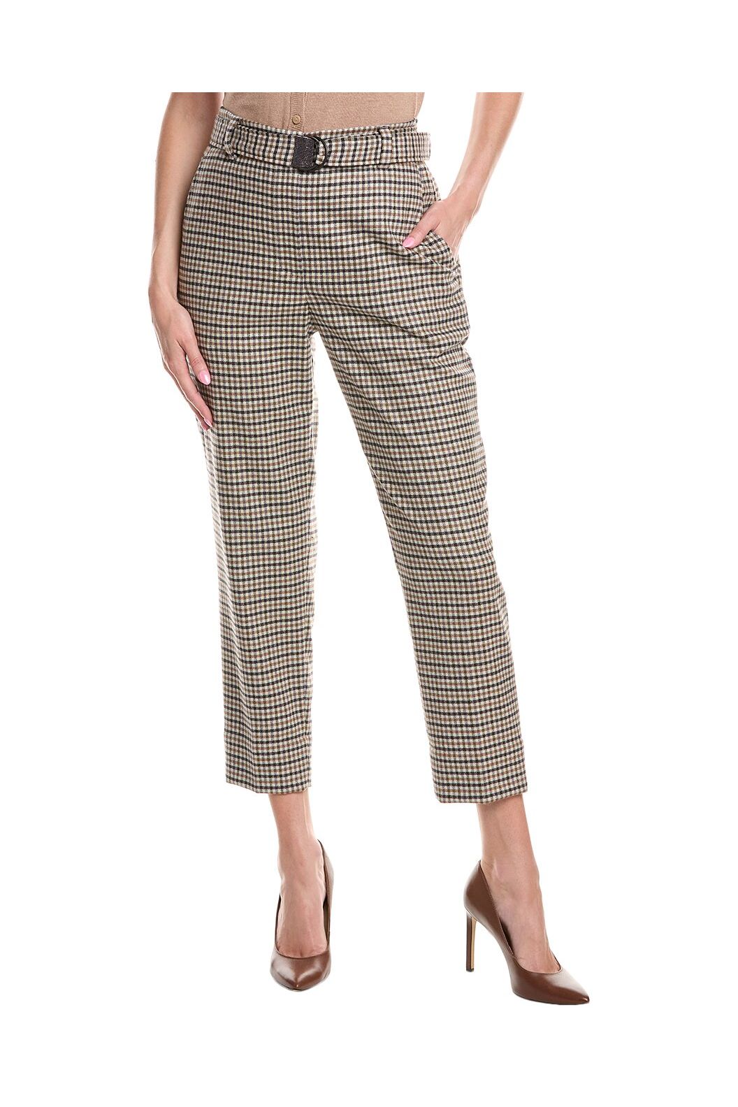 Women's Beige Plaid Cropped Trousers