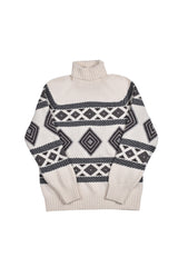 Men's White Black Cashmere Patterned Turtleneck Sweater