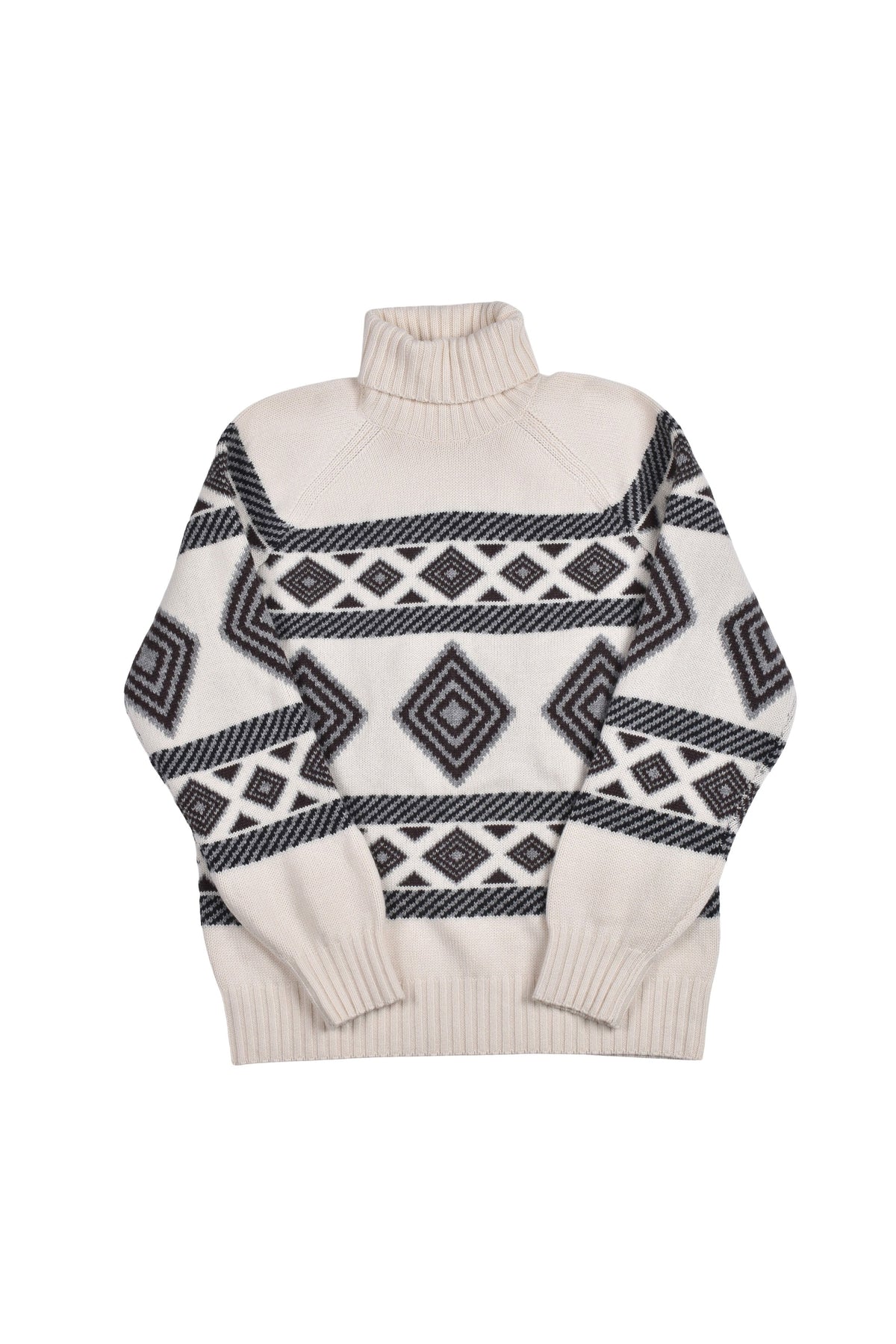 Men's White Black Cashmere Patterned Turtleneck Sweater