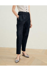 Women's Denim Black Tapered Cotton Trousers With Elastic Waist