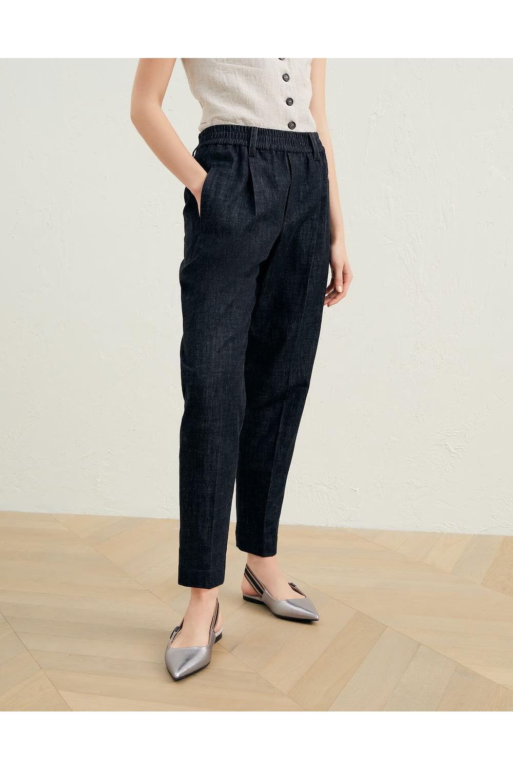 Women's Denim Black Tapered Cotton Trousers With Elastic Waist