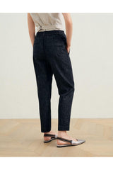 Women's Denim Black Tapered Cotton Trousers With Elastic Waist