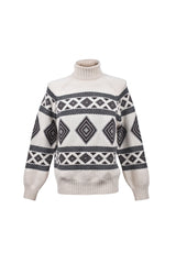 Men's White Black Cashmere Patterned Turtleneck Sweater