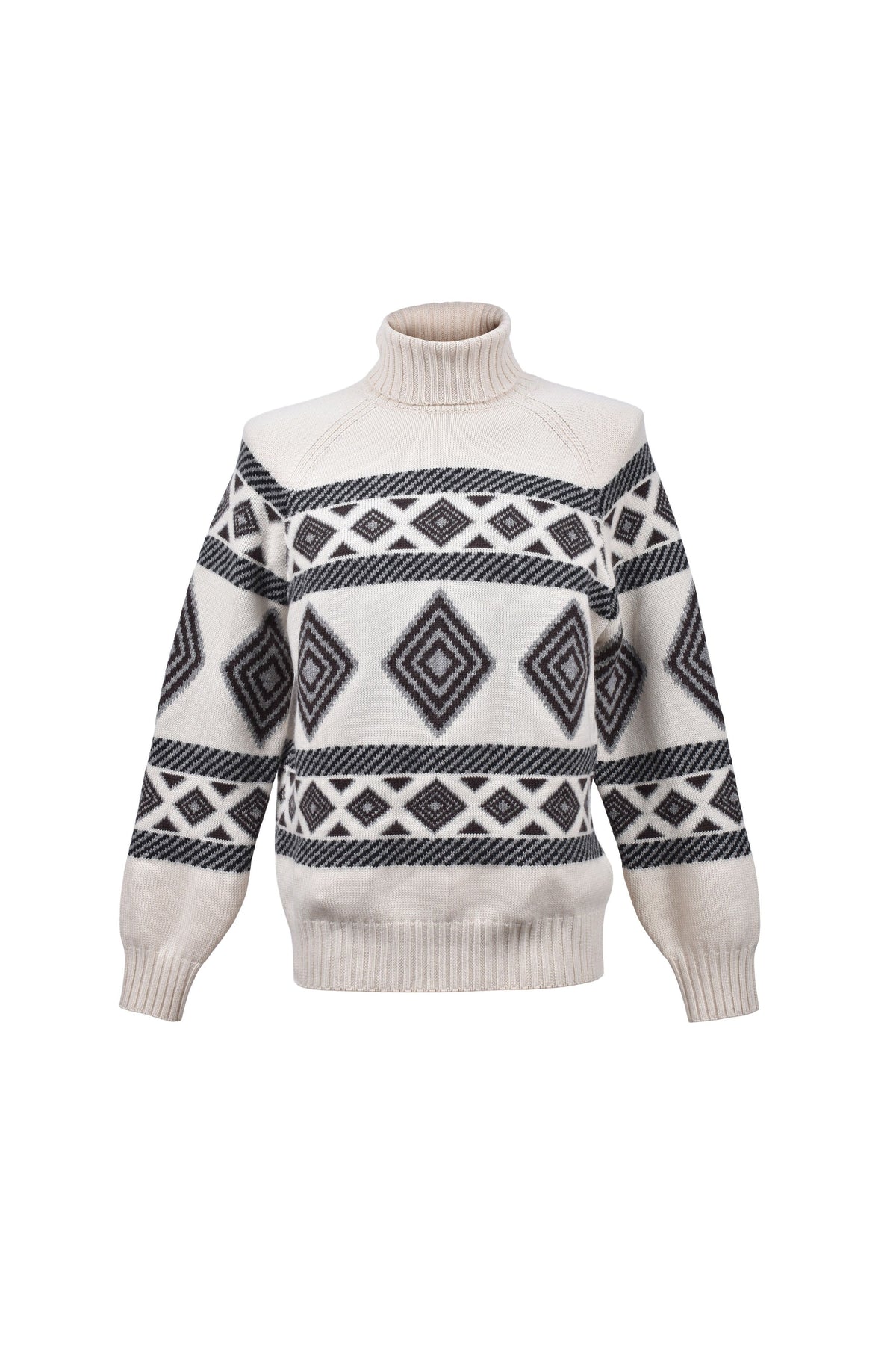 Men's White Black Cashmere Patterned Turtleneck Sweater