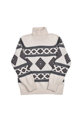 Men's White Black Cashmere Patterned Turtleneck Sweater