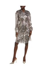Women's Metallic Silver Belted Shirt Dress