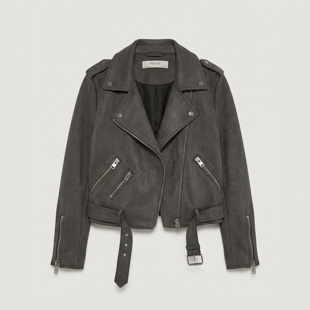 Brown Faux Suede Biker Jacket