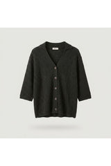 Pointelle Knit Collared Cardigan | Green