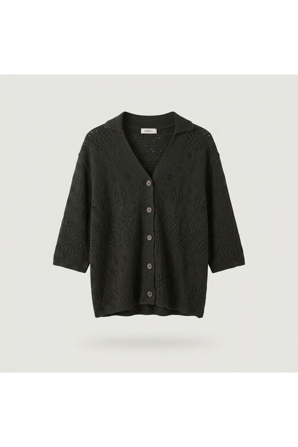 Pointelle Knit Collared Cardigan | Green