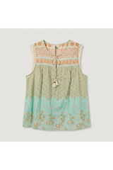 Printed Sleeveless Lace-Trim Blouse | Multi
