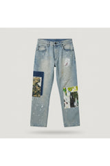 Blue Patchwork Paint Splatter Jeans