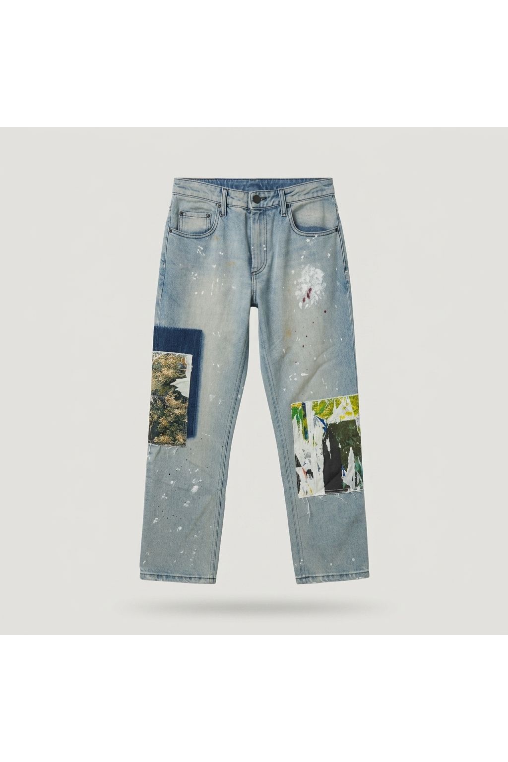 Blue Patchwork Paint Splatter Jeans