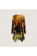Multi Landscape Print Velvet Dress