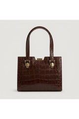 Brown Croc-embossed Top Handle Bag