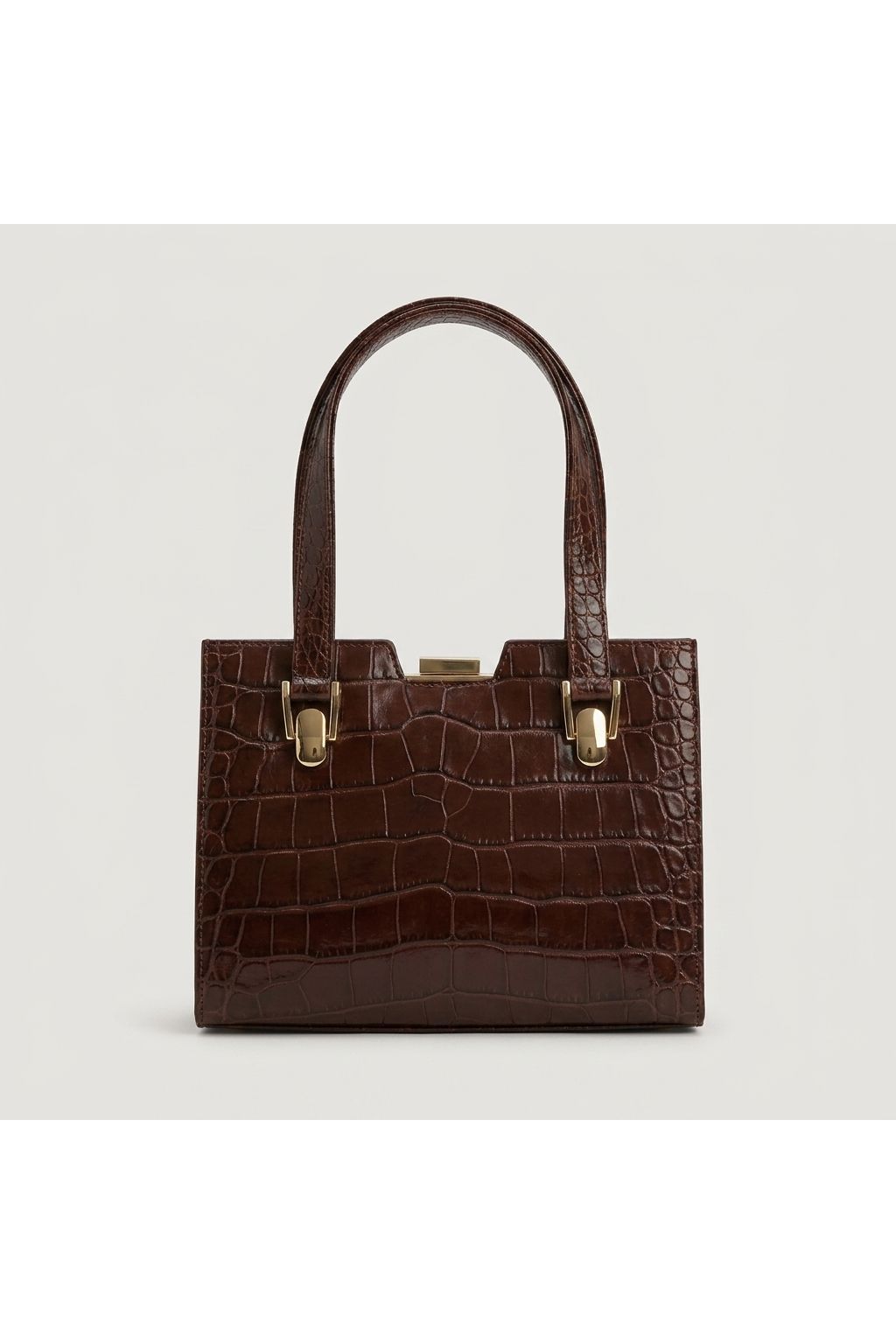 Brown Croc-embossed Top Handle Bag