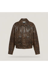 Brown Distressed Leather Bomber Jacket