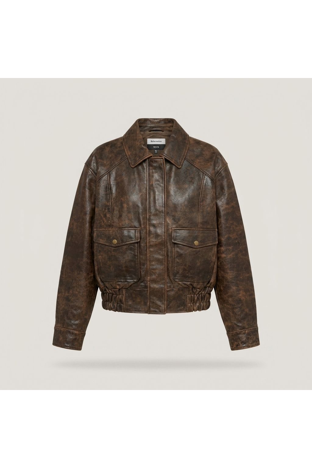 Brown Distressed Leather Bomber Jacket
