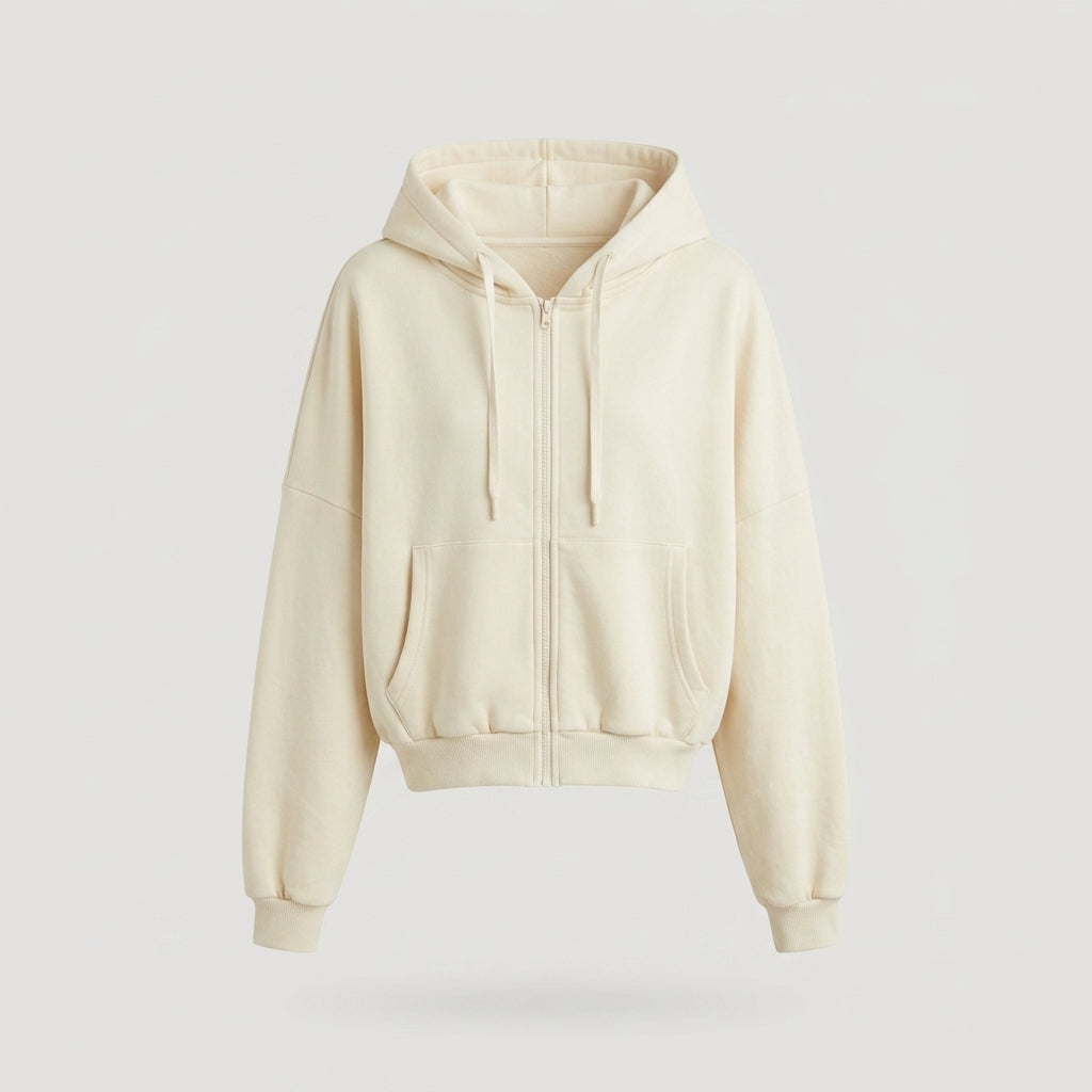 Beige Cropped Zip-up Hoodie