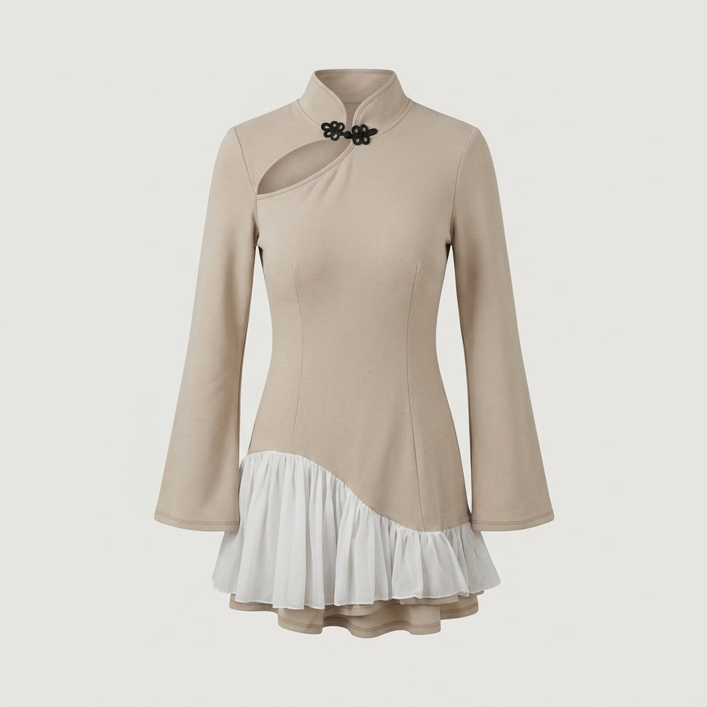 Beige Cutout Ruffle Mini Dress
