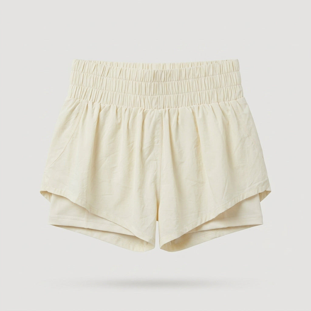 Beige Smocked Waist Athletic Shorts