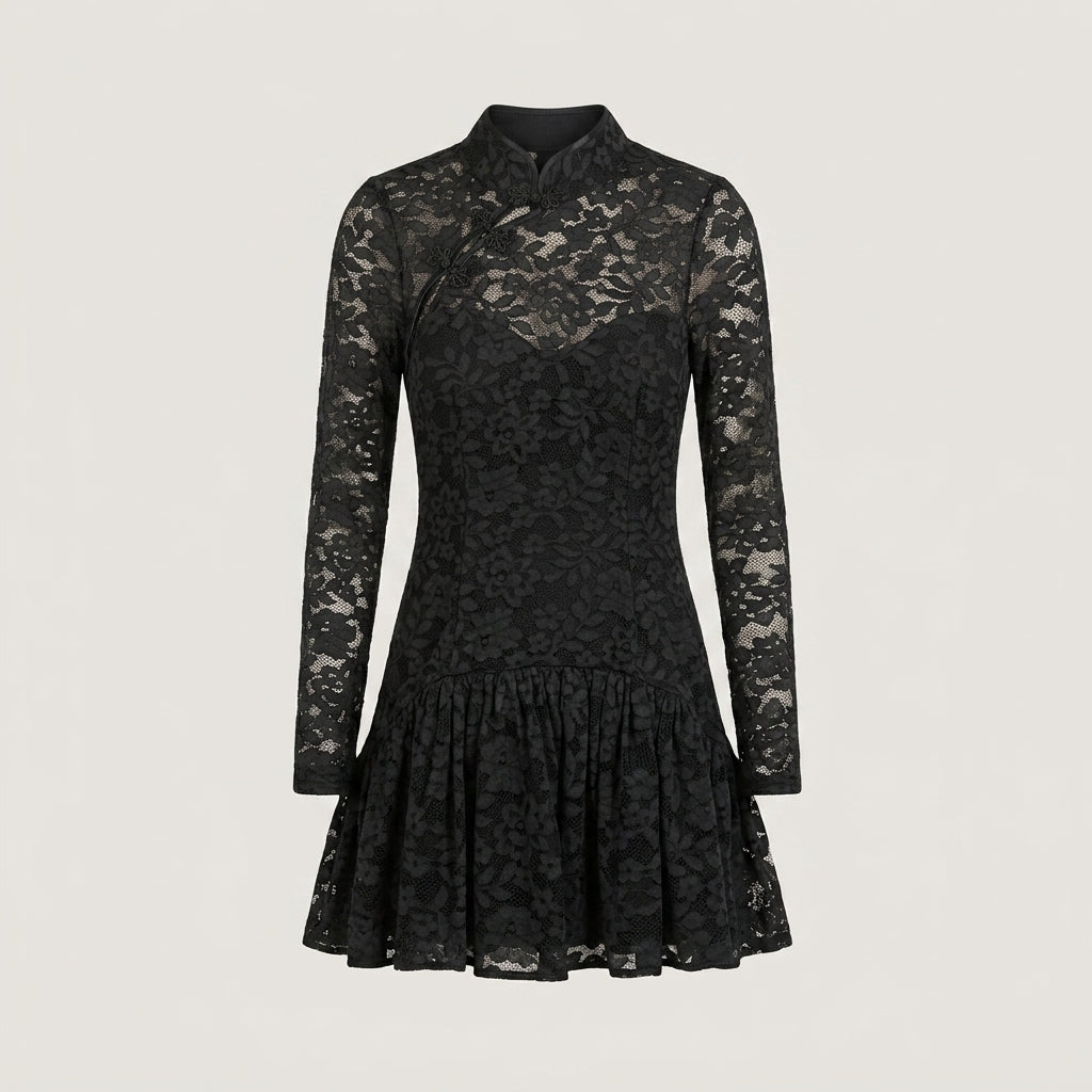Black Lace Ruffle Mini Dress