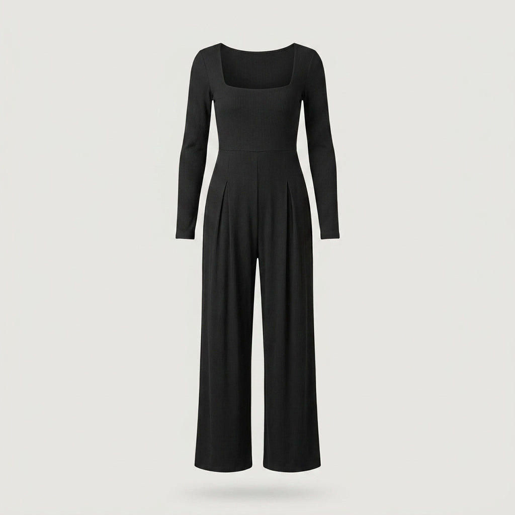 Petite Black Square Neck Ribbed Jumpsuit