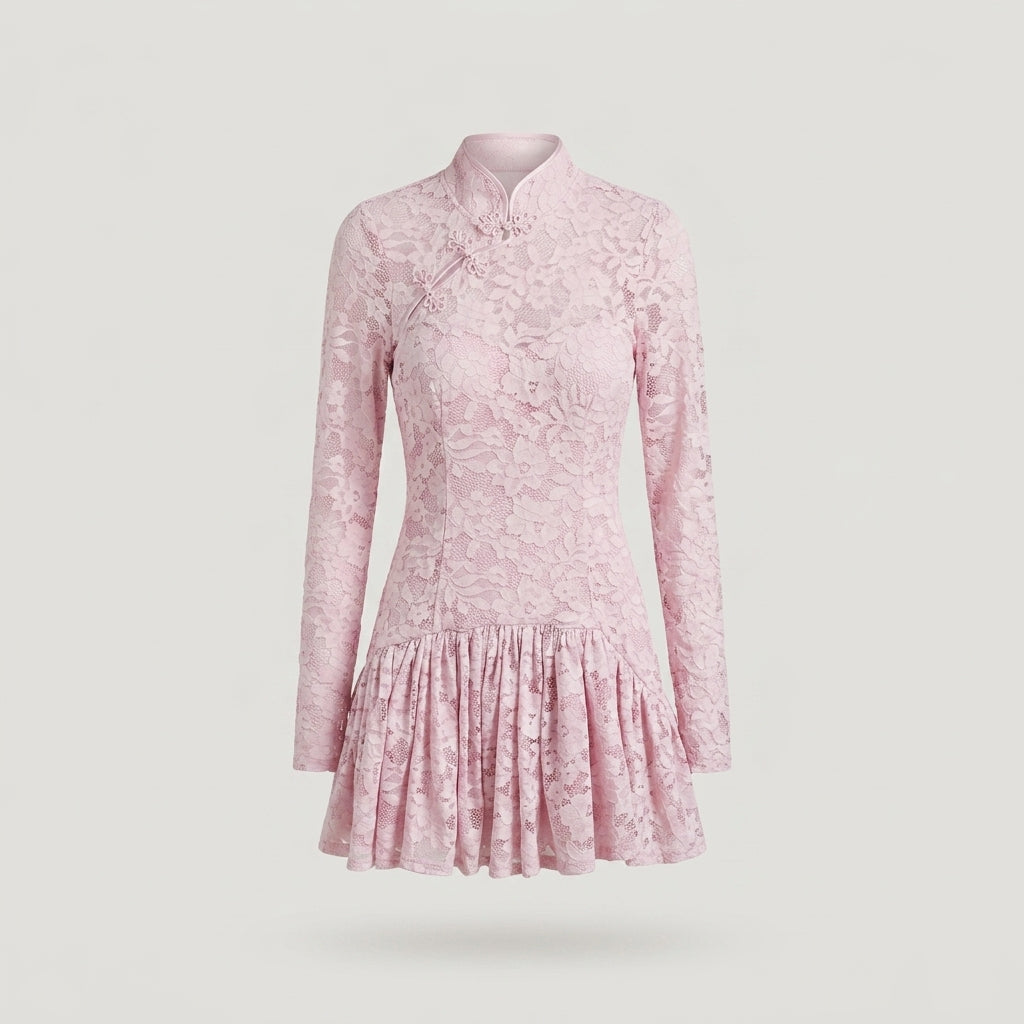 Pink Lace Mandarin Collar Mini Dress