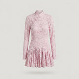 Pink Lace Mandarin Collar Mini Dress