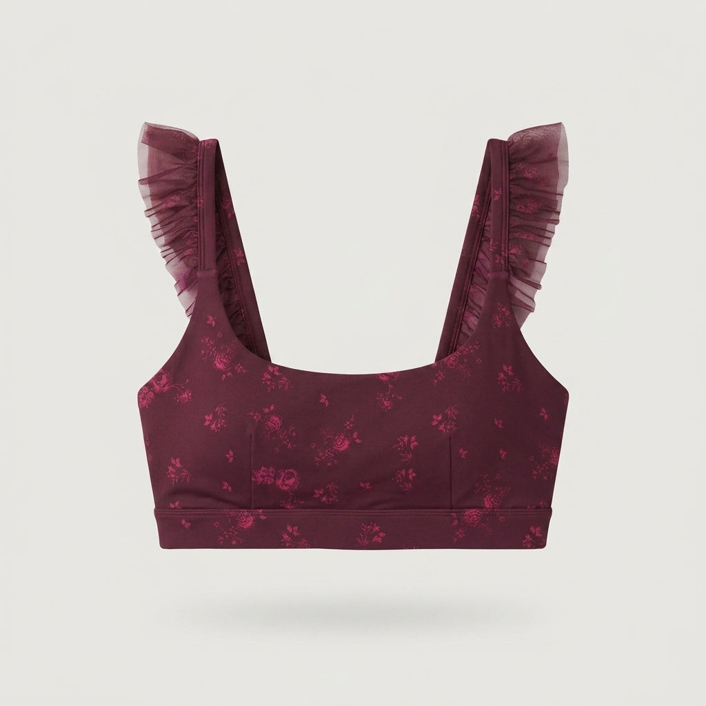 Purple Floral Ruffle Sports Bra