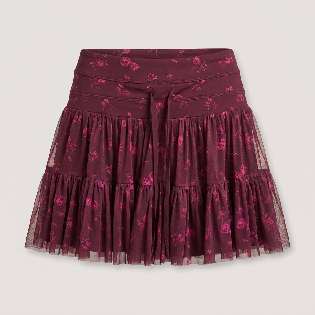 Purple Floral Tiered Mesh Skort